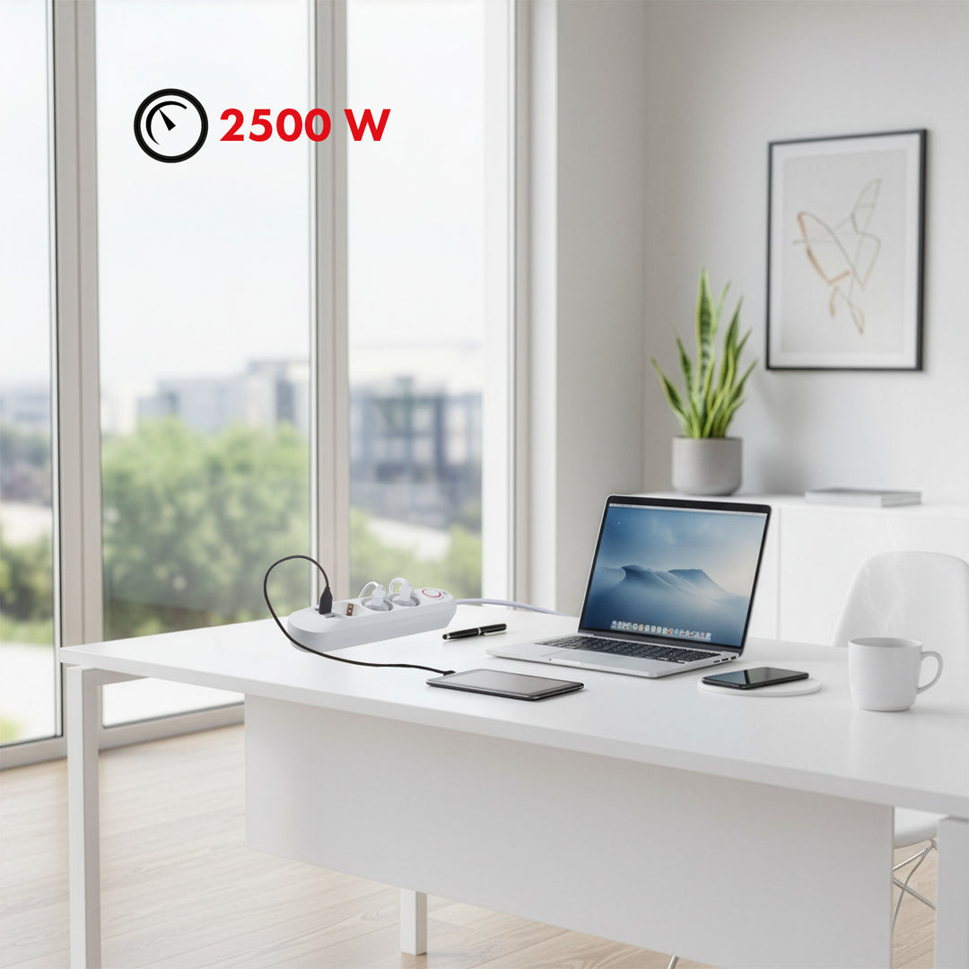 Multiprise Maclean, rallonge 3 prises + 3xUSB, 110-240V AC 50/60Hz, 2.1A max 2500W, 1.5m, blanc, MCE394 W