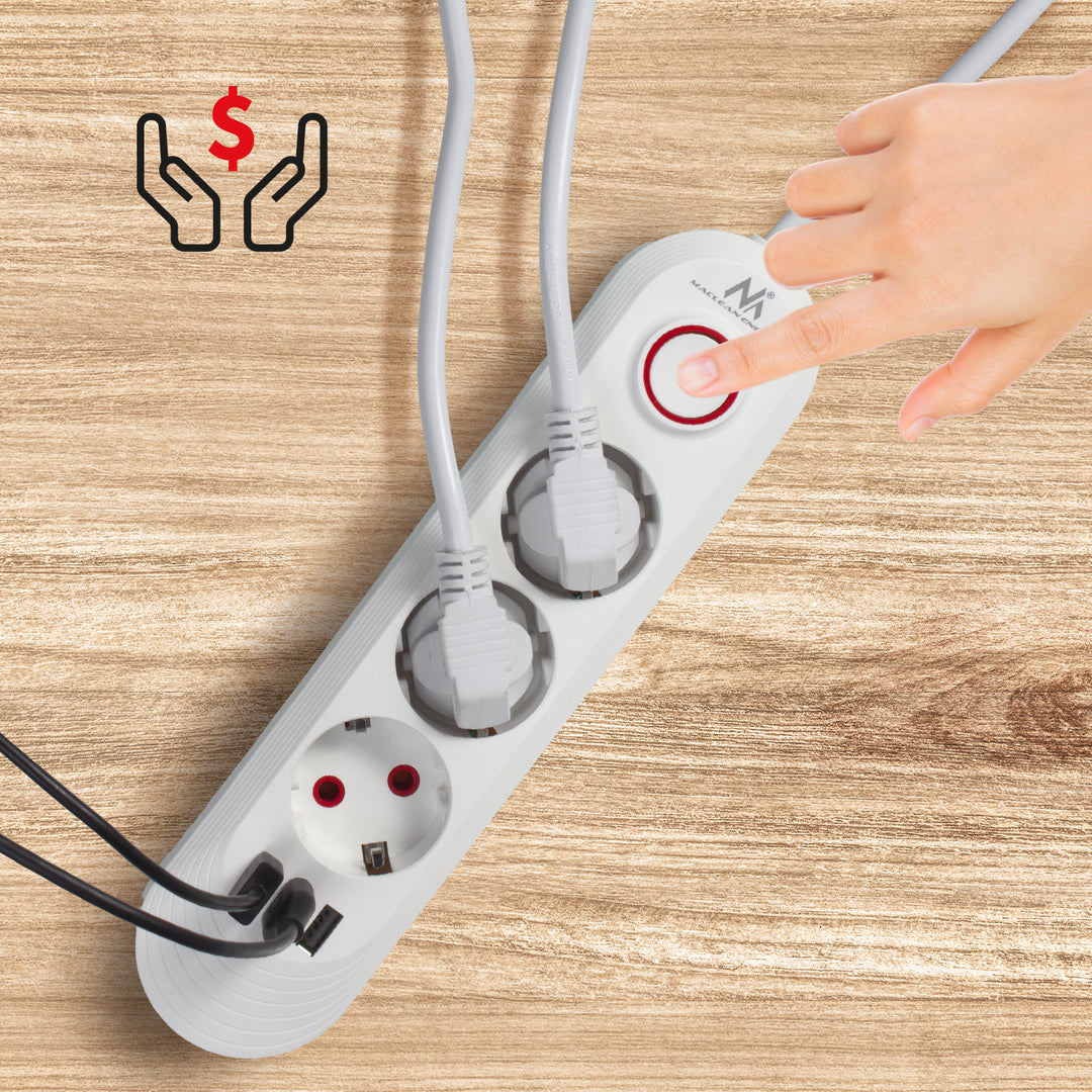 Multiprise Maclean, rallonge 3 prises + 3xUSB, 110-240V AC 50/60Hz, 2.1A max 2500W, 1.5m, blanc, MCE394 W