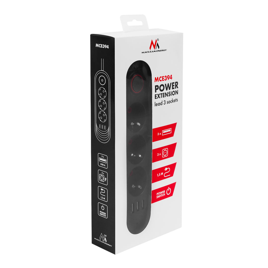 Maclean power strip, 3-socket extension cable + 3xUSB, 110-240V AC 50/60Hz, 2.1A max 2500W, 1.5m, black, MCE394 B