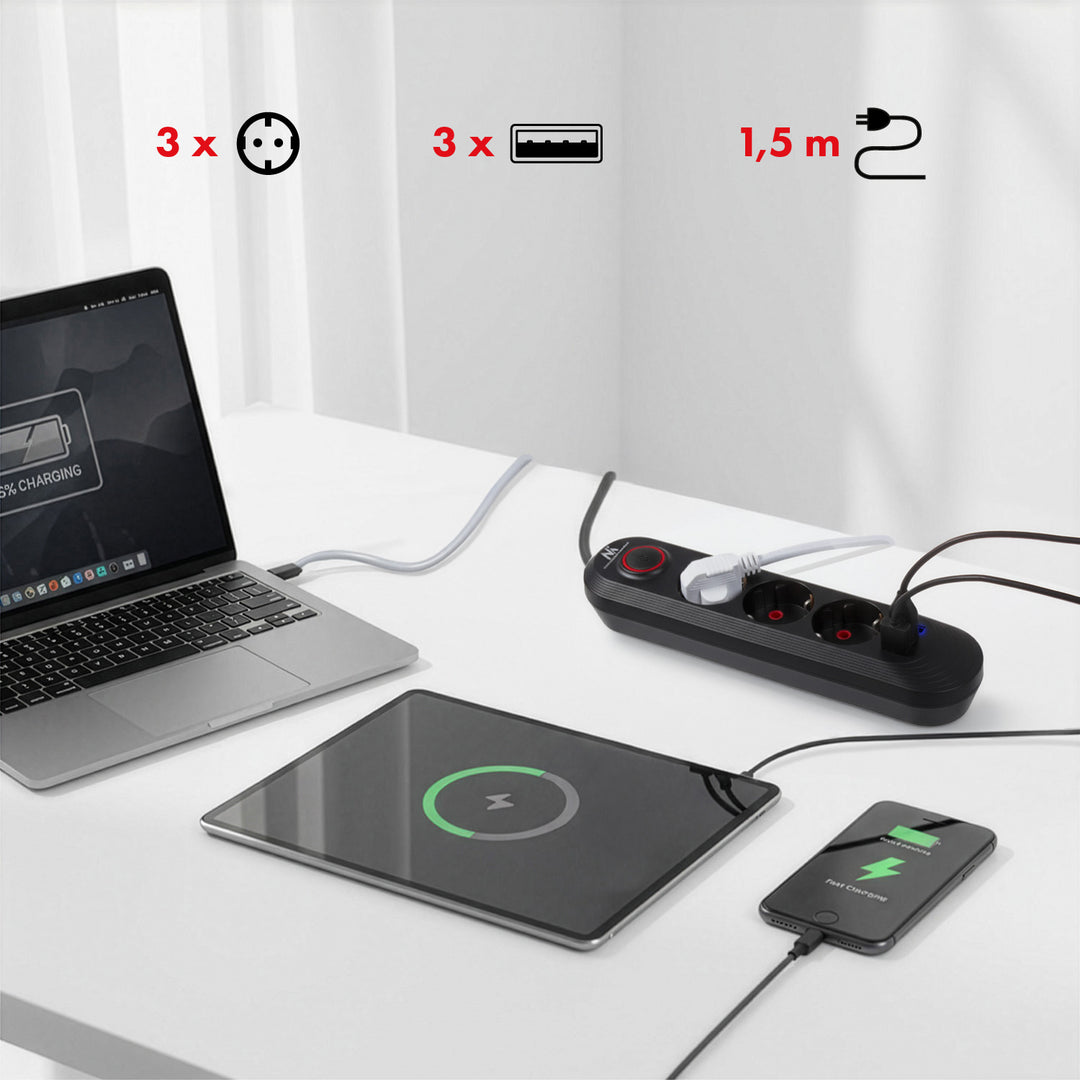 Maclean power strip, 3-socket extension cable + 3xUSB, 110-240V AC 50/60Hz, 2.1A max 2500W, 1.5m, black, MCE394 B