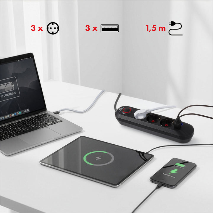 Maclean power strip, 3-socket extension cable + 3xUSB, 110-240V AC 50/60Hz, 2.1A max 2500W, 1.5m, black, MCE394 B