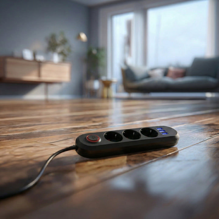 Maclean power strip, 3-socket extension cable + 3xUSB, 110-240V AC 50/60Hz, 2.1A max 2500W, 1.5m, black, MCE394 B