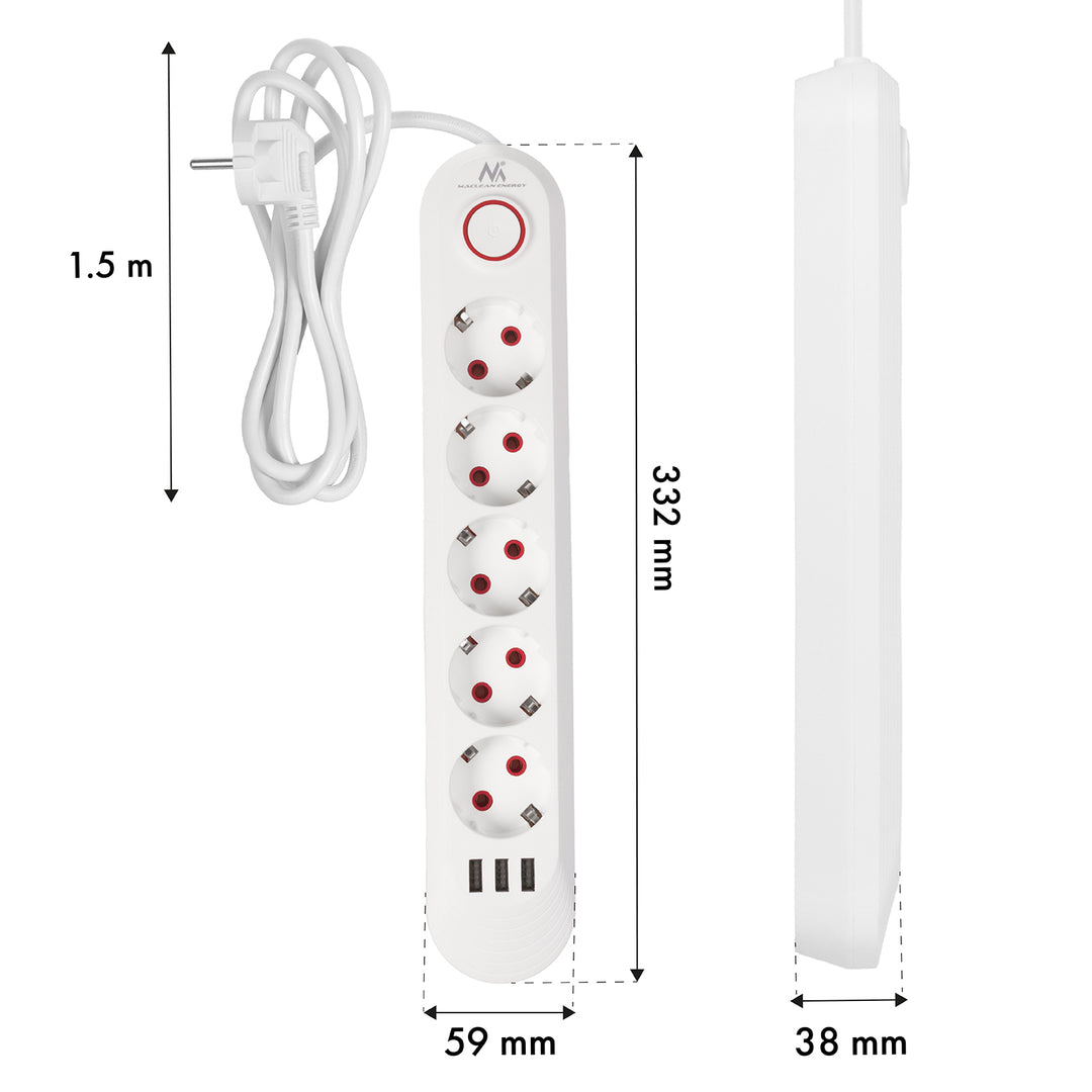 Multiprise Maclean, câble d'extension 5 prises + 3xUSB, 110-240V AC 50/60Hz, 2.1A max 2500W, 1.5m, blanc, MCE395 W