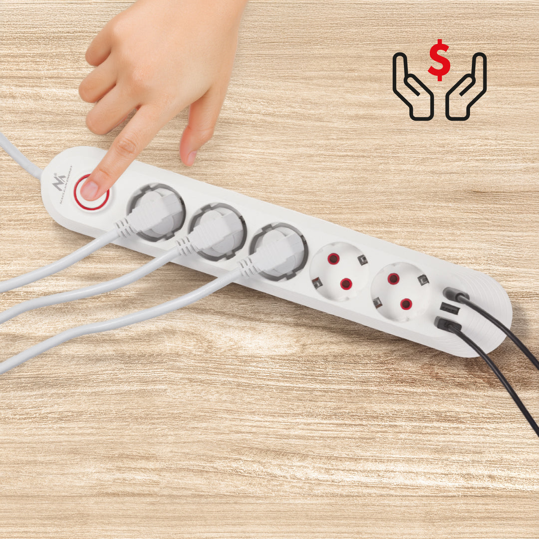 Multiprise Maclean, câble d'extension 5 prises + 3xUSB, 110-240V AC 50/60Hz, 2.1A max 2500W, 1.5m, blanc, MCE395 W