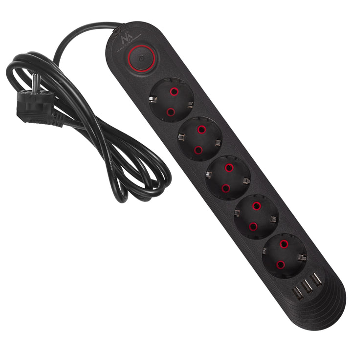 Maclean power strip, 5 socket extension cable + 3xUSB, 110-240V AC 50/60Hz, 2.1A max 2500W, 1.5m, black, MCE395 B