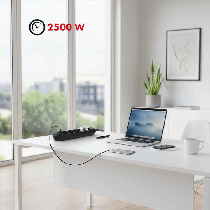 Maclean power strip, 5 socket extension cable + 3xUSB, 110-240V AC 50/60Hz, 2.1A max 2500W, 1.5m, black, MCE395 B