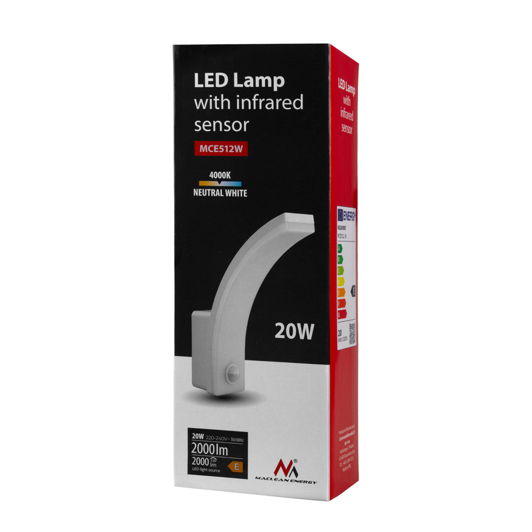 Maclean motion sensor LED lamp, PIR motion sensor, white, 20W, IP65, 2000lm, neutral white (4000K) MCE512 W, 2 pieces