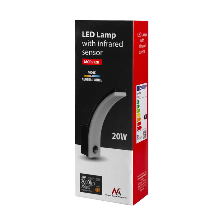 Maclean motion sensor LED lamp, PIR motion sensor, black, 20W, IP65, 2000lm, neutral white (4000K) MCE512 B, 4 pieces