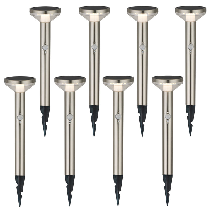 Maclean MCE465 C/M Solar LED Light, con sensor, 3 modos,enchufable, Li-ion 18650, IP44, 3,7V, 1200 mAh, Cromo mate, 8 piezas