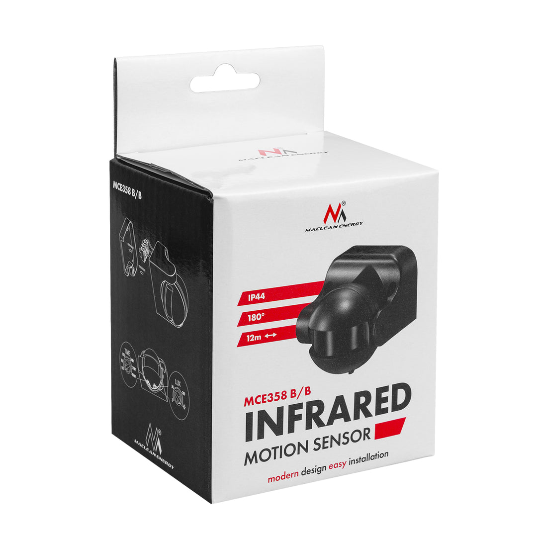 PIR-Bewegungsmelder Maclean, Infrarot, IP44, schwarz mit schwarzer Blende, Reichweite 12 m, max. Belastung 300/1200 W, MCE358 B/B