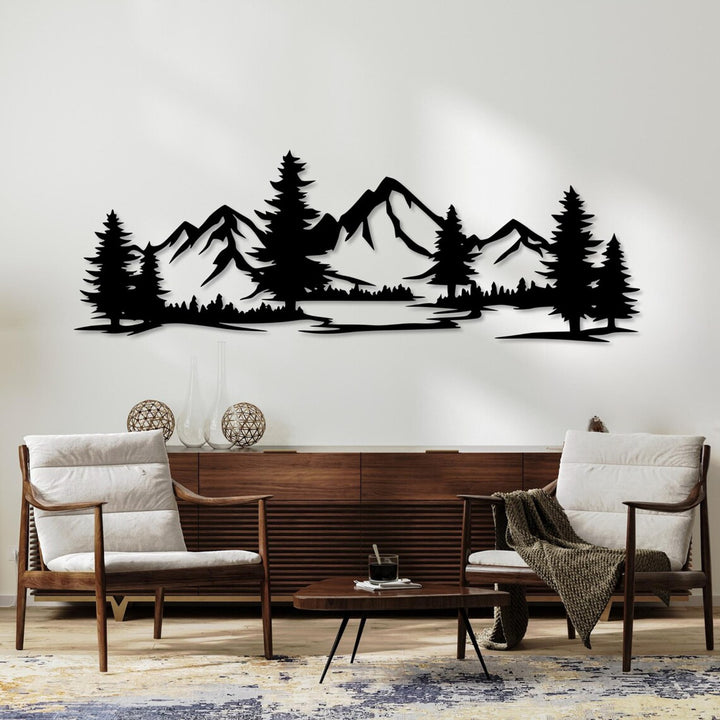 Openwork painting, 3D wall decoration, 3D painting "Mountains with forest" 100x34cm Black