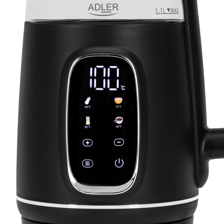 Adler Electric Glass Kettle 1.7L, Black and Silver, Temperature Control, LED Display, AD 1305 bs