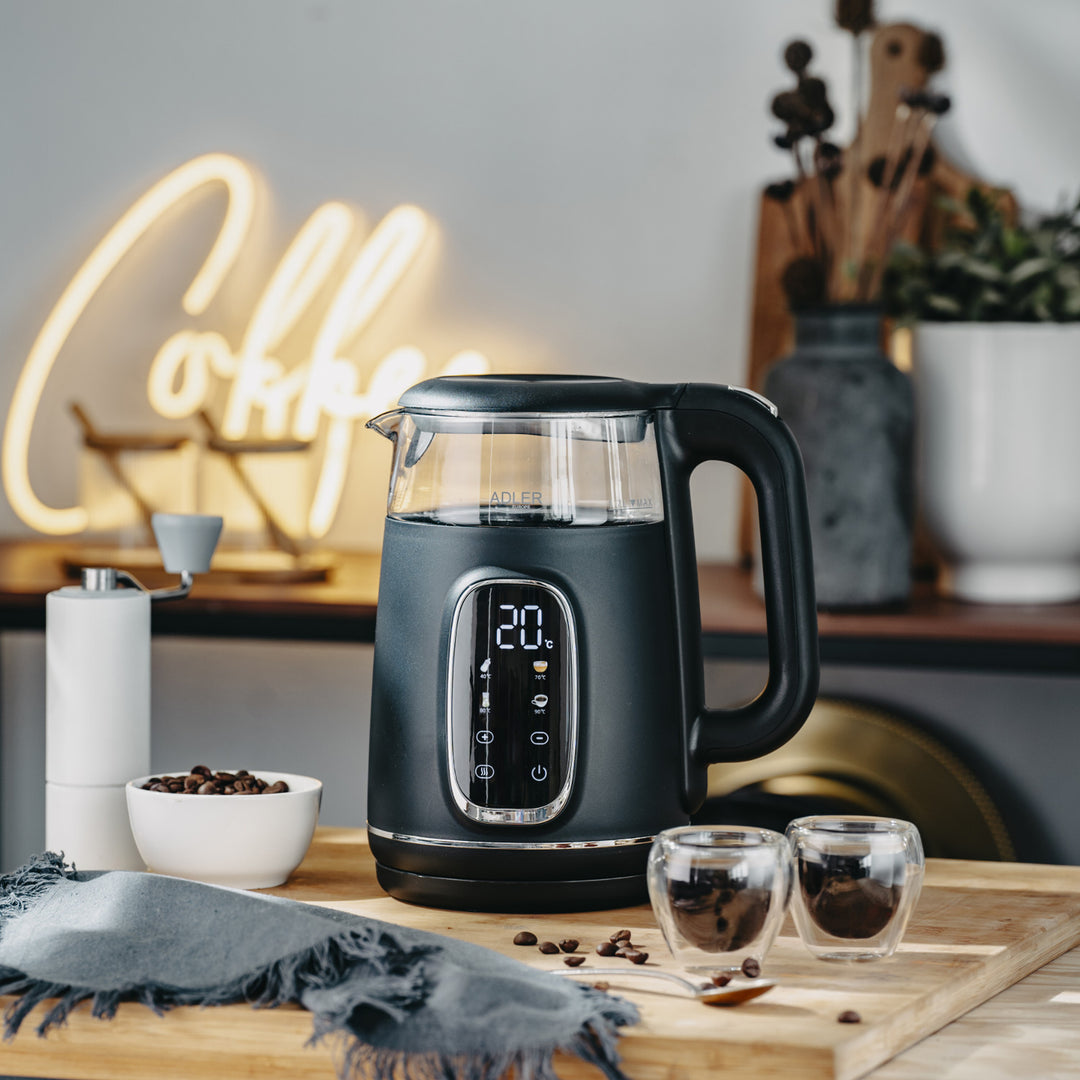 Adler Electric Glass Kettle 1.7L, Black and Silver, Temperature Control, LED Display, AD 1305 bs