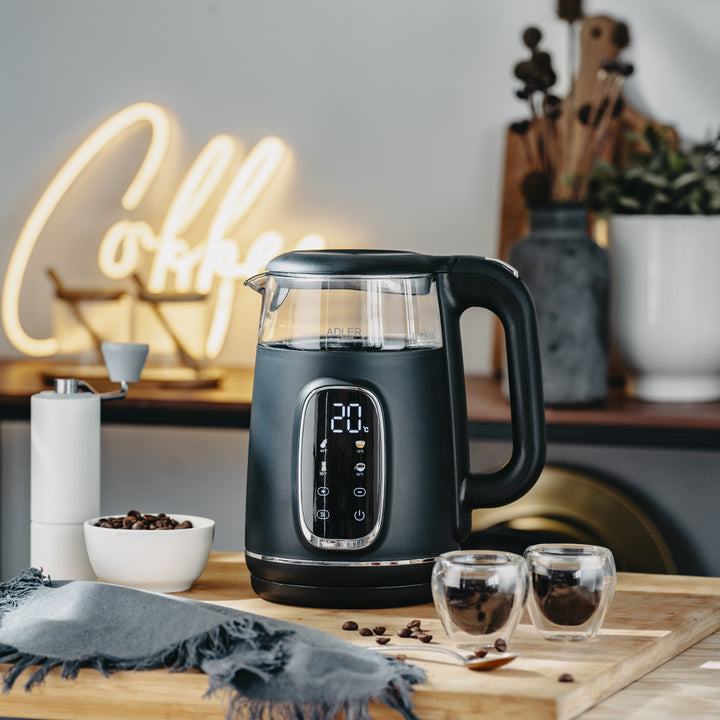 Adler Electric Glass Kettle 1.7L, Black and Silver, Temperature Control, LED Display, AD 1305 bs
