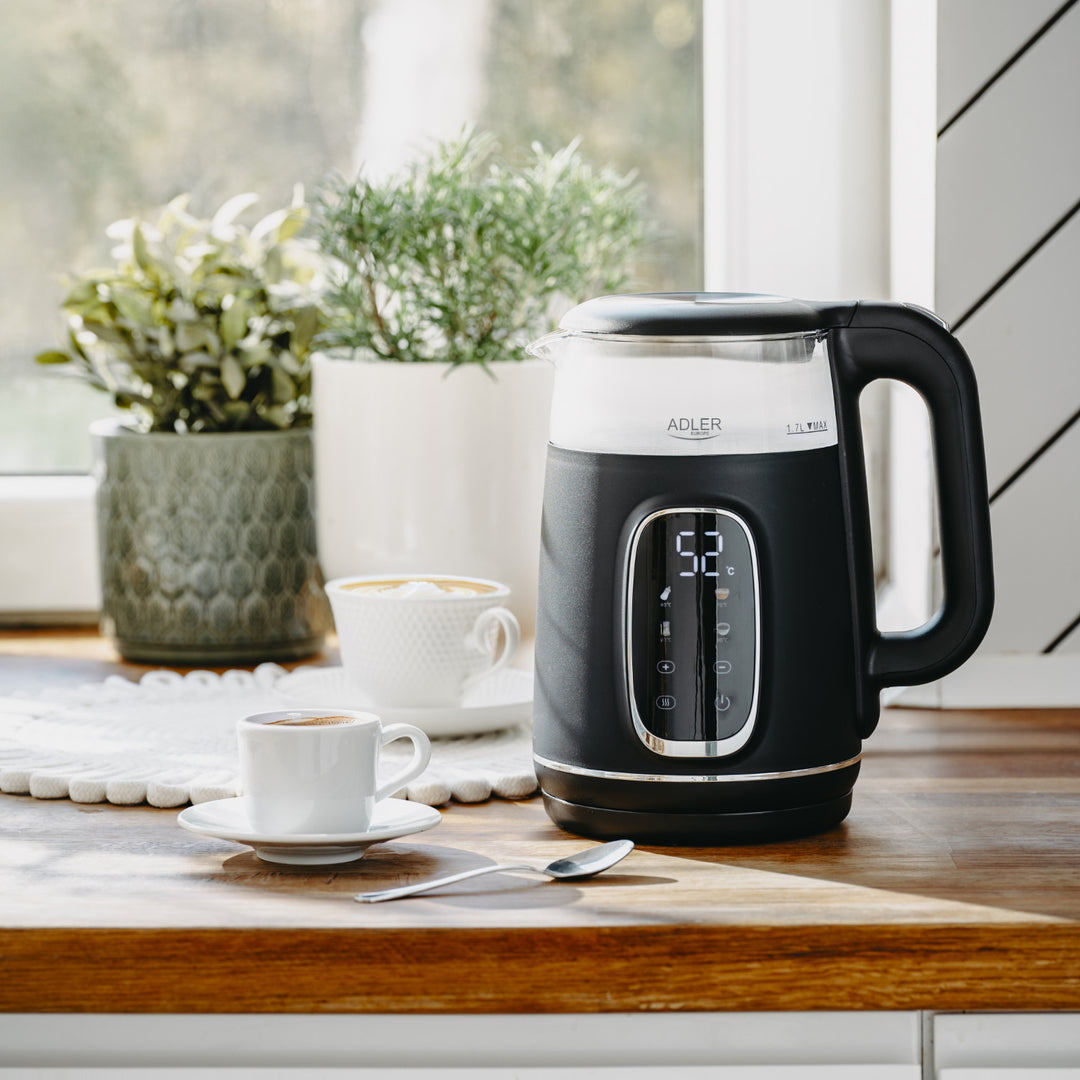 Adler Electric Glass Kettle 1.7L, Black and Silver, Temperature Control, LED Display, AD 1305 bs