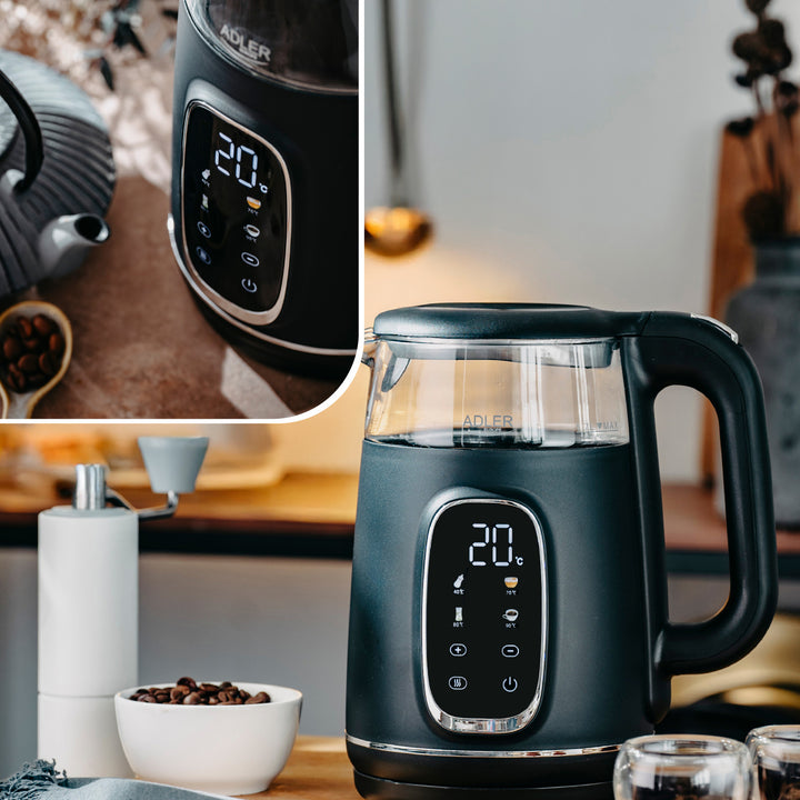Adler Electric Glass Kettle 1.7L, Black and Silver, Temperature Control, LED Display, AD 1305 bs