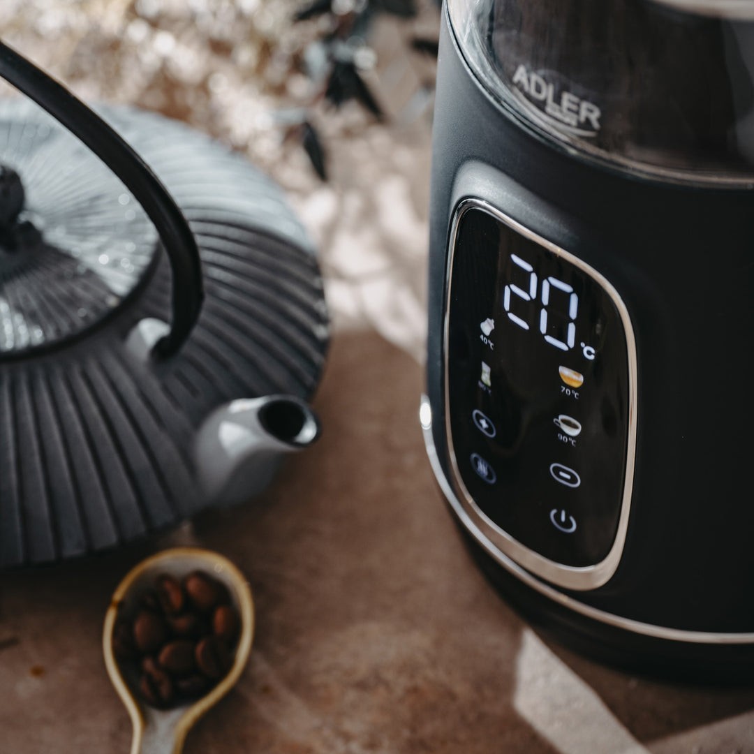 Adler Electric Glass Kettle 1.7L, Black and Silver, Temperature Control, LED Display, AD 1305 bs