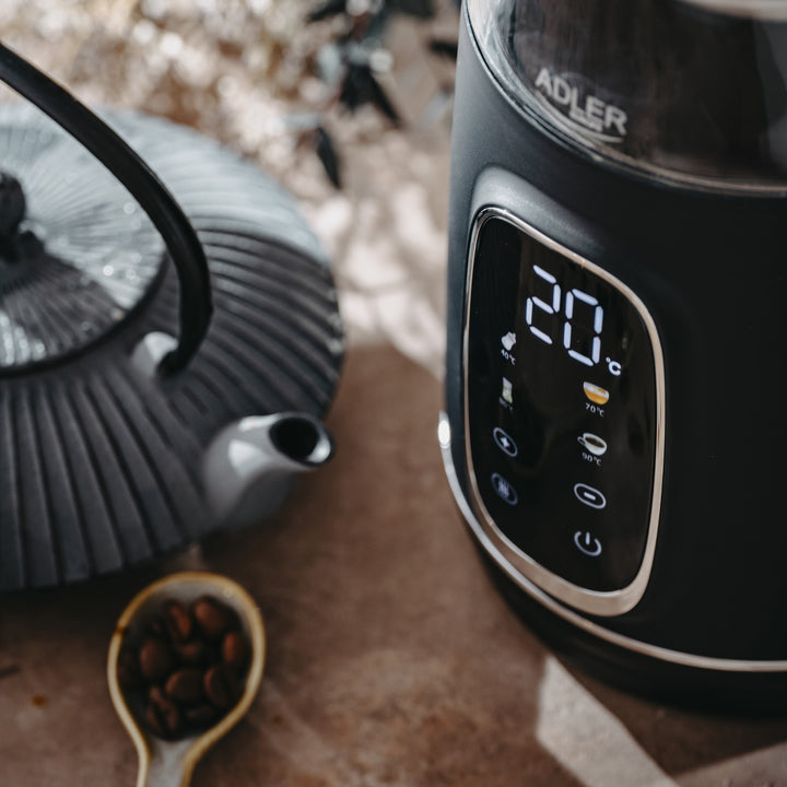 Adler Electric Glass Kettle 1.7L, Black and Silver, Temperature Control, LED Display, AD 1305 bs
