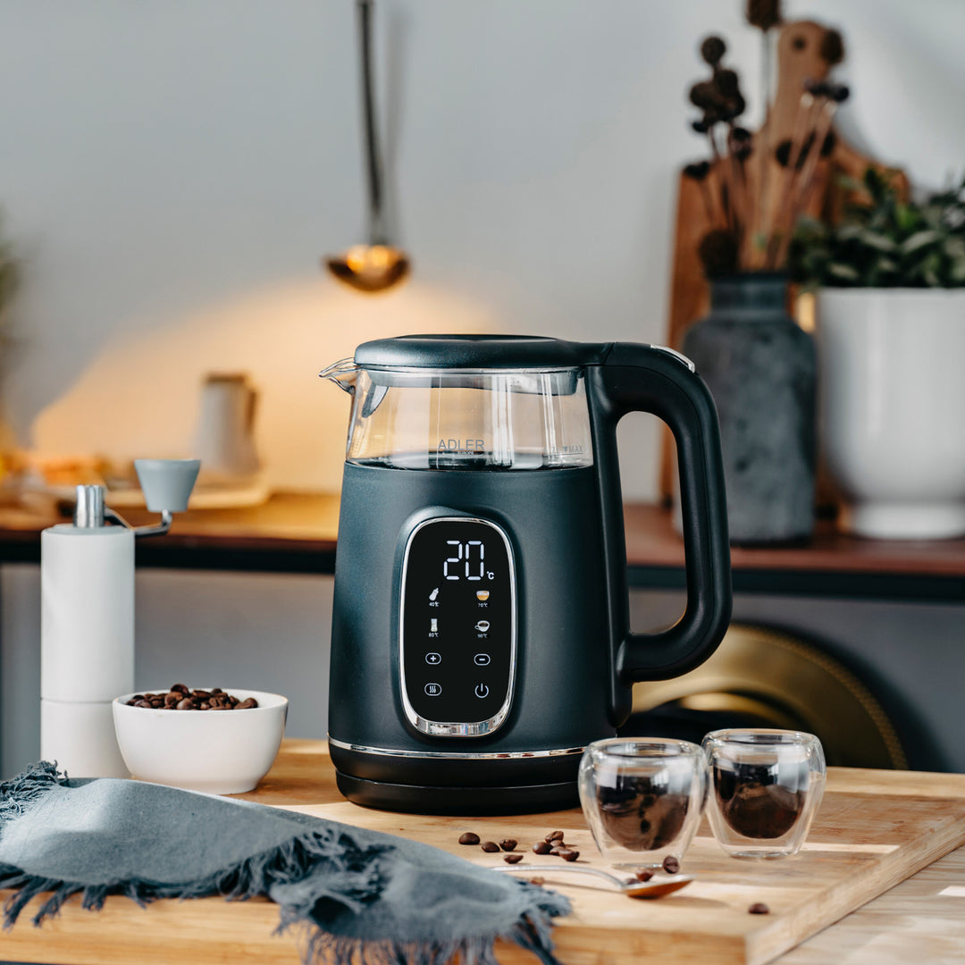 Adler Electric Glass Kettle 1.7L, Black and Silver, Temperature Control, LED Display, AD 1305 bs