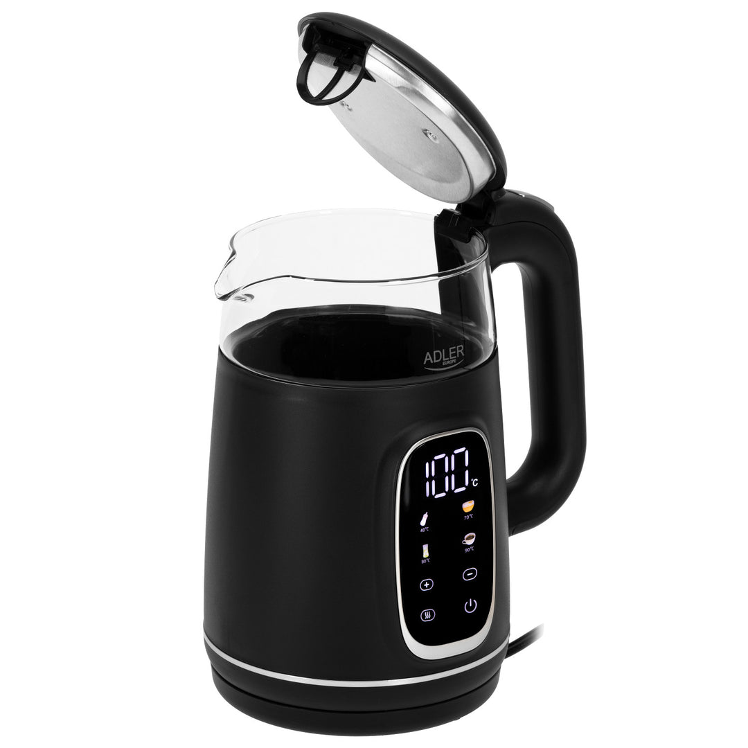 Adler Electric Glass Kettle 1.7L, Black and Silver, Temperature Control, LED Display, AD 1305 bs