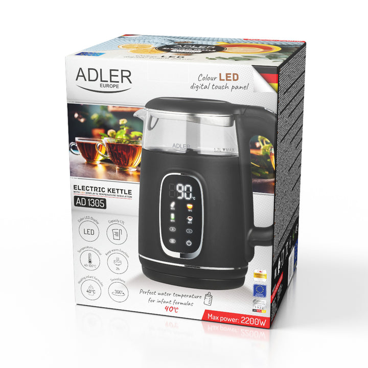 Adler Electric Glass Kettle 1.7L, Black and Silver, Temperature Control, LED Display, AD 1305 bs