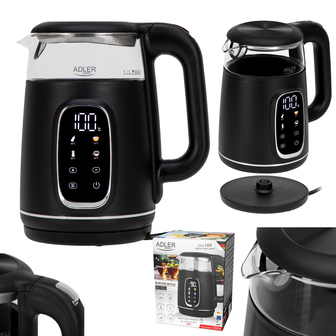 Adler Electric Glass Kettle 1.7L, Black and Silver, Temperature Control, LED Display, AD 1305 bs