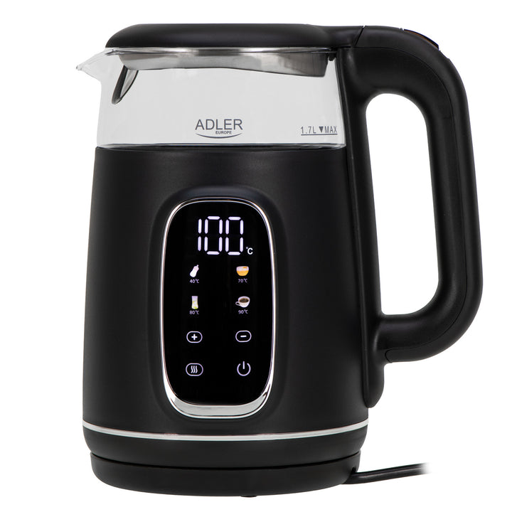 Adler Electric Glass Kettle 1.7L, Black and Silver, Temperature Control, LED Display, AD 1305 bs