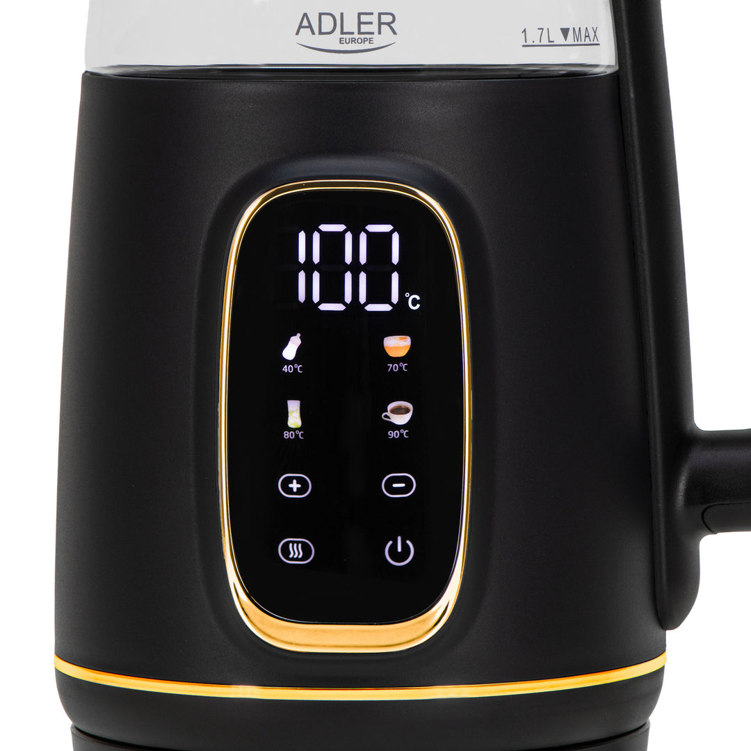 Adler Electric Glass Kettle 1.7L, Black and Gold, Temperature Control, LED Display, AD 1305 bg
