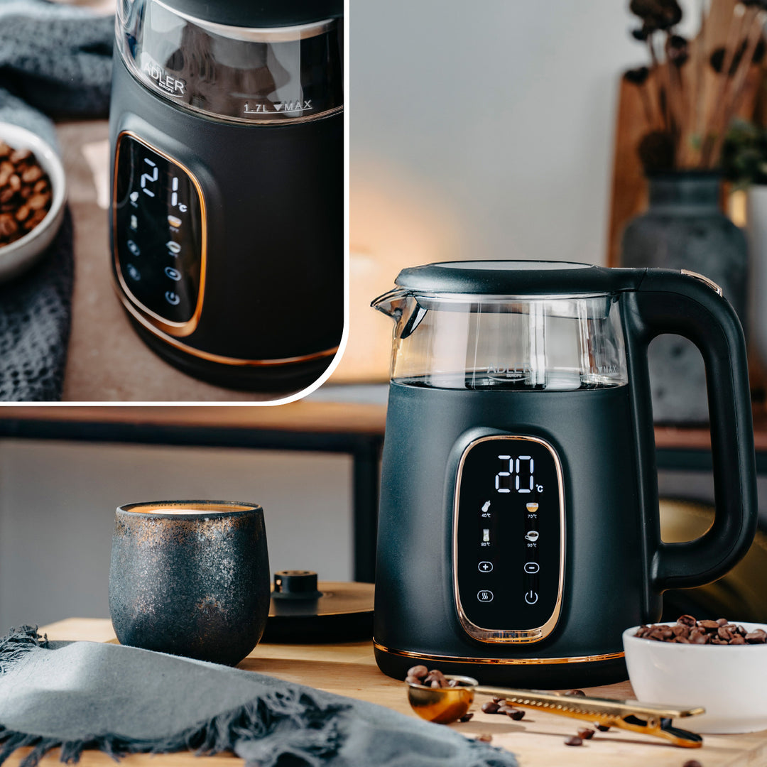 Adler Electric Glass Kettle 1.7L, Black and Gold, Temperature Control, LED Display, AD 1305 bg
