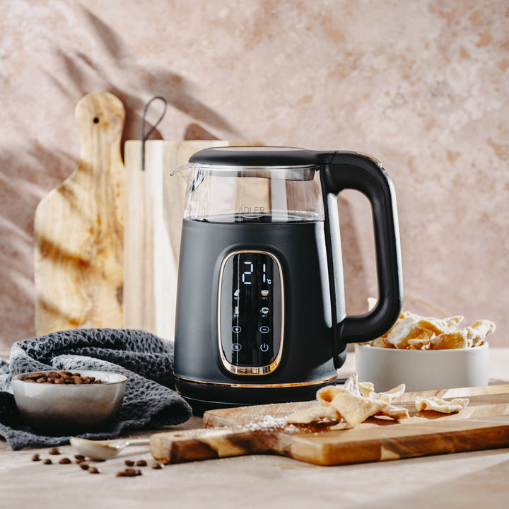 Adler Electric Glass Kettle 1.7L, Black and Gold, Temperature Control, LED Display, AD 1305 bg