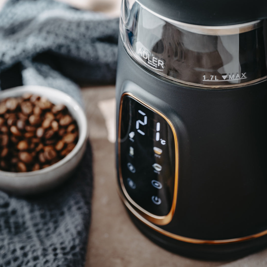 Adler Electric Glass Kettle 1.7L, Black and Gold, Temperature Control, LED Display, AD 1305 bg