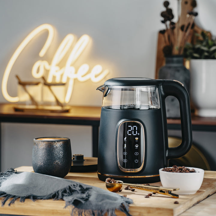 Adler Electric Glass Kettle 1.7L, Black and Gold, Temperature Control, LED Display, AD 1305 bg
