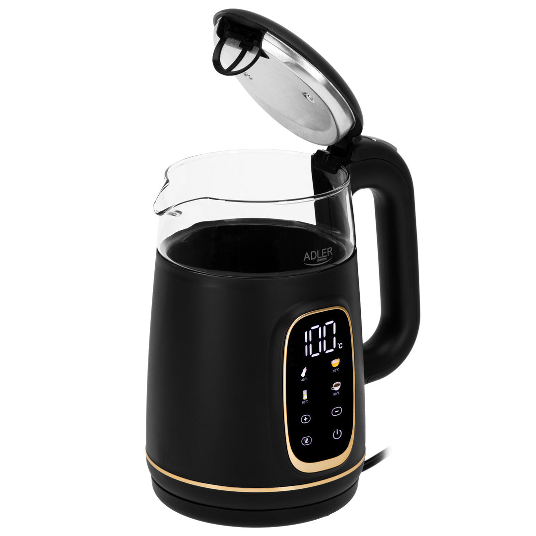 Adler Electric Glass Kettle 1.7L, Black and Gold, Temperature Control, LED Display, AD 1305 bg