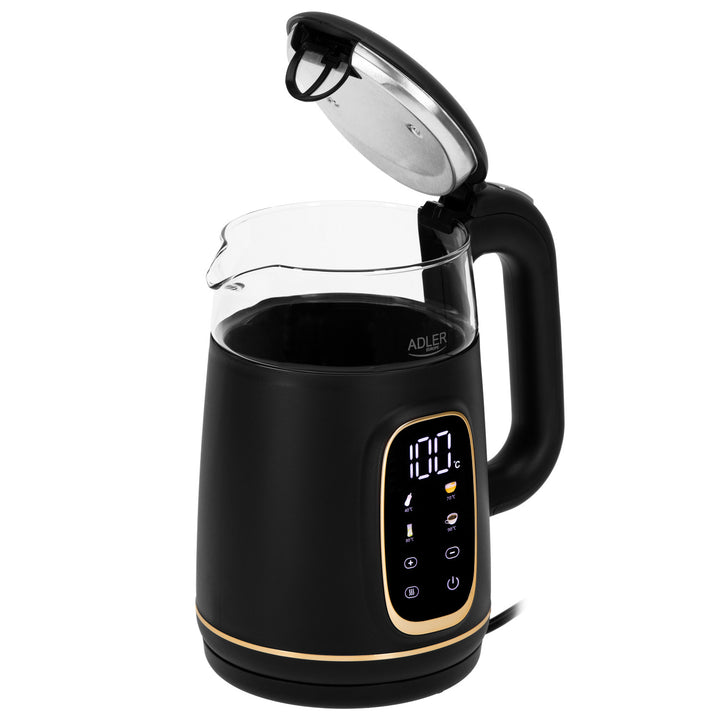 Adler Electric Glass Kettle 1.7L, Black and Gold, Temperature Control, LED Display, AD 1305 bg