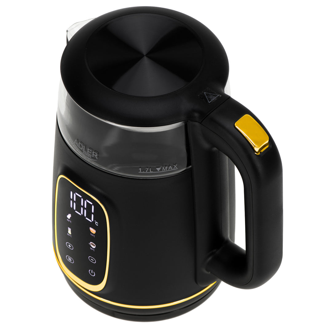 Adler Electric Glass Kettle 1.7L, Black and Gold, Temperature Control, LED Display, AD 1305 bg