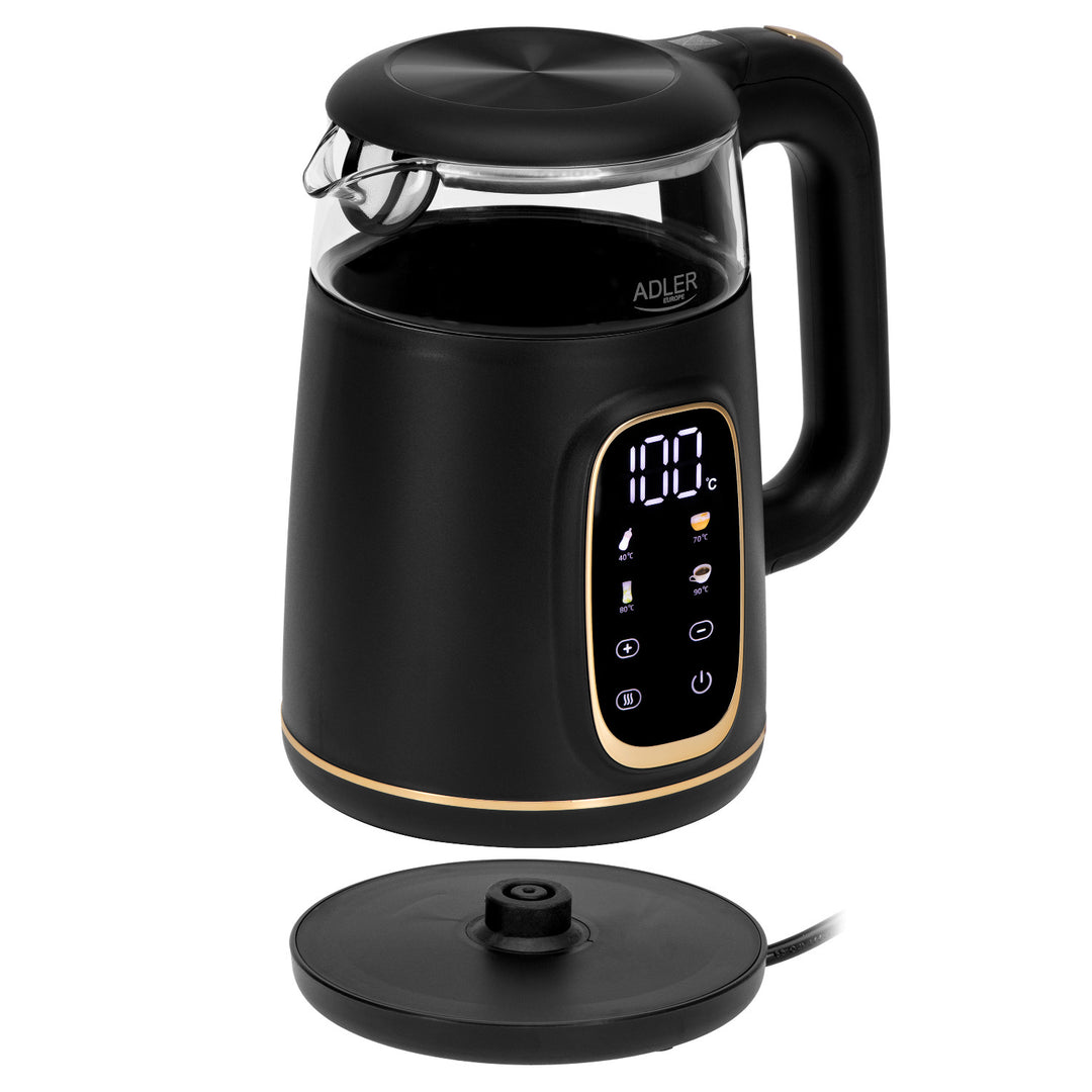 Adler Electric Glass Kettle 1.7L, Black and Gold, Temperature Control, LED Display, AD 1305 bg