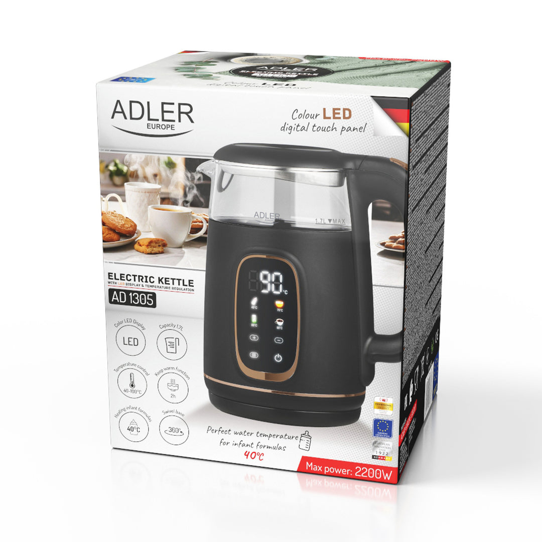 Adler Electric Glass Kettle 1.7L, Black and Gold, Temperature Control, LED Display, AD 1305 bg