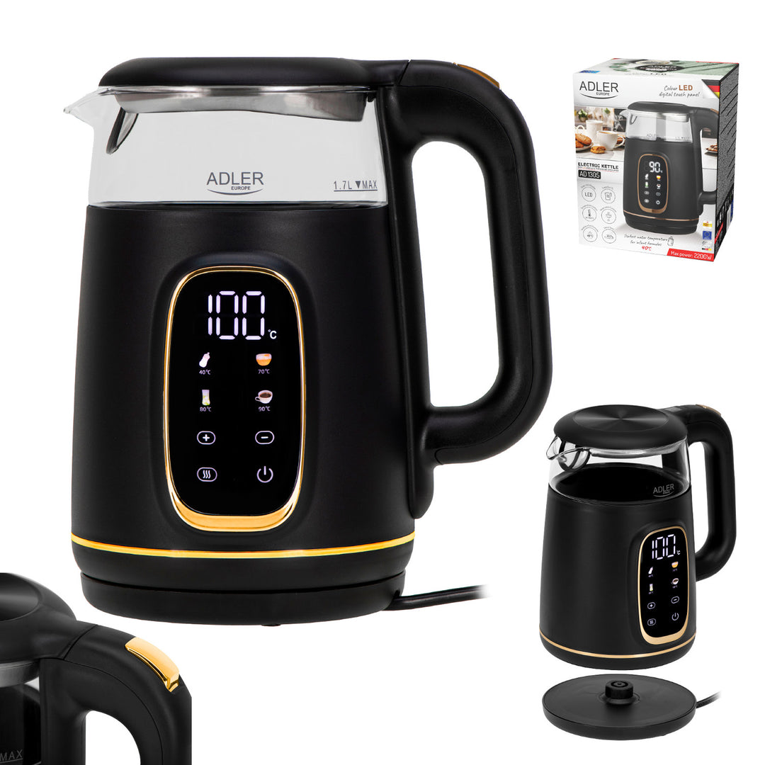 Adler Electric Glass Kettle 1.7L, Black and Gold, Temperature Control, LED Display, AD 1305 bg