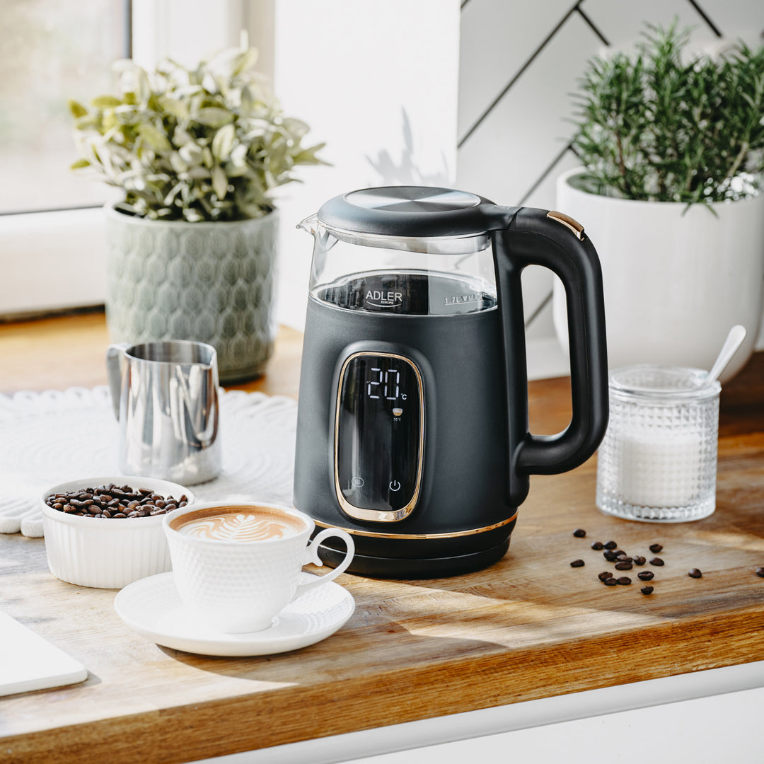 Adler Electric Glass Kettle 1.7L, Black and Gold, Temperature Control, LED Display, AD 1305 bg