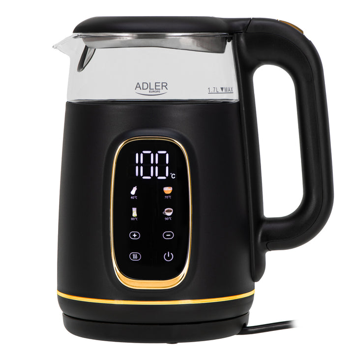 Adler Electric Glass Kettle 1.7L, Black and Gold, Temperature Control, LED Display, AD 1305 bg