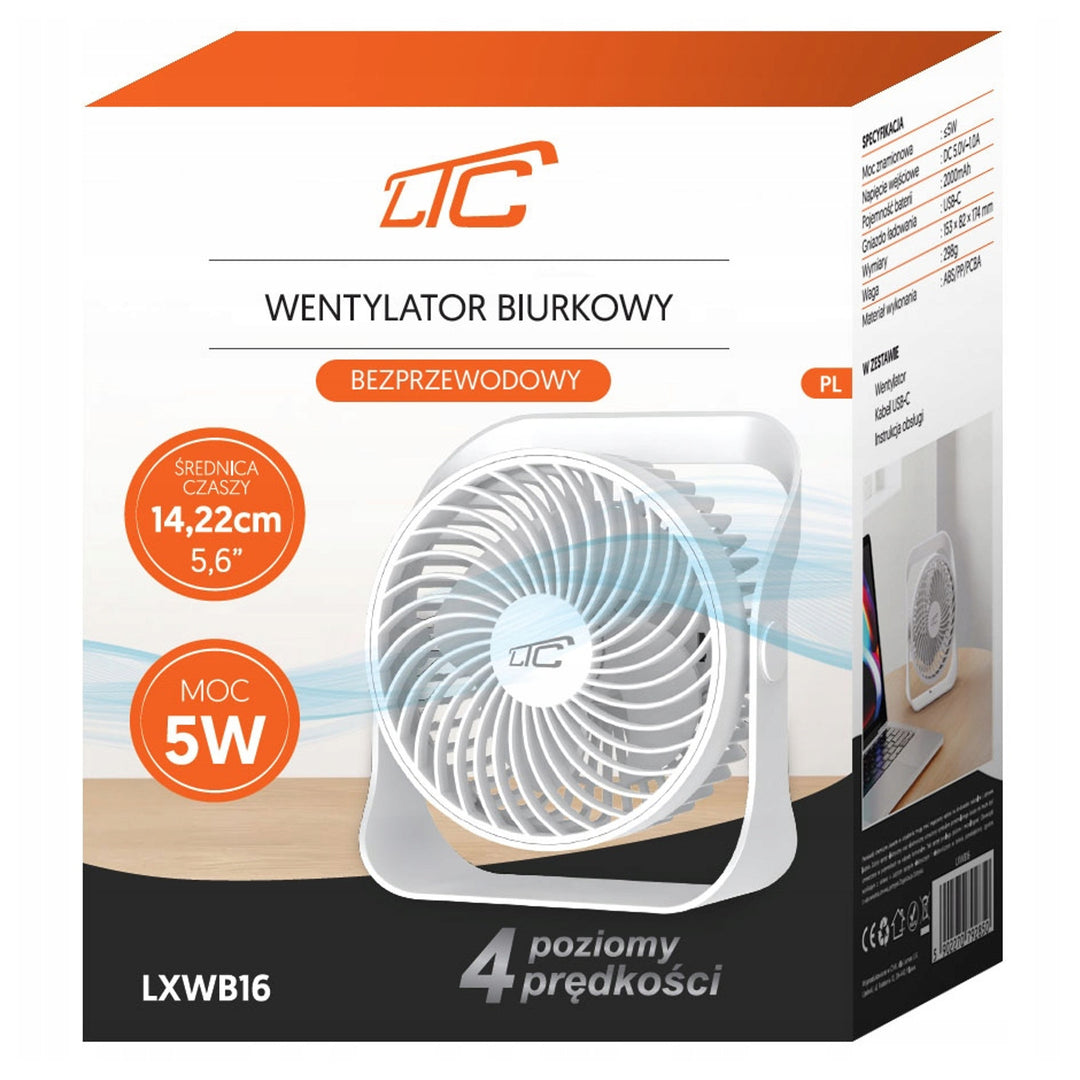 LTC wireless desk fan, USB C charging, 4 speed levels, 2000 mAh battery, LXWB16