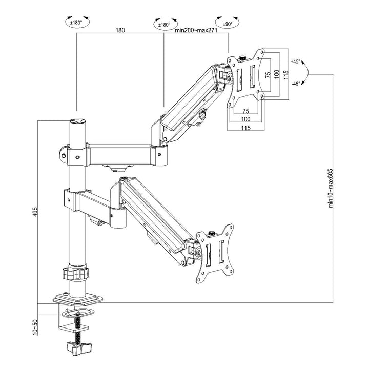 Bevestiging voor 2 Maclean monitoren, gasveer, 17"-32", 2-10kg, zwart, MC-136