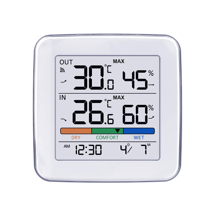 Station météo sans fil GreenBlue, température + humidité IN/OUT, horloge + alarme + date, choix entre °C / °F, portée jusqu'à 60 m, GB169