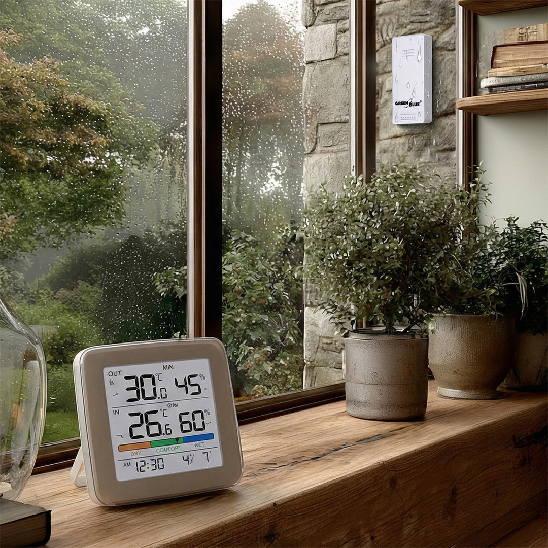 Station météo sans fil GreenBlue, température + humidité IN/OUT, horloge + alarme + date, choix entre °C / °F, portée jusqu'à 60 m, GB169