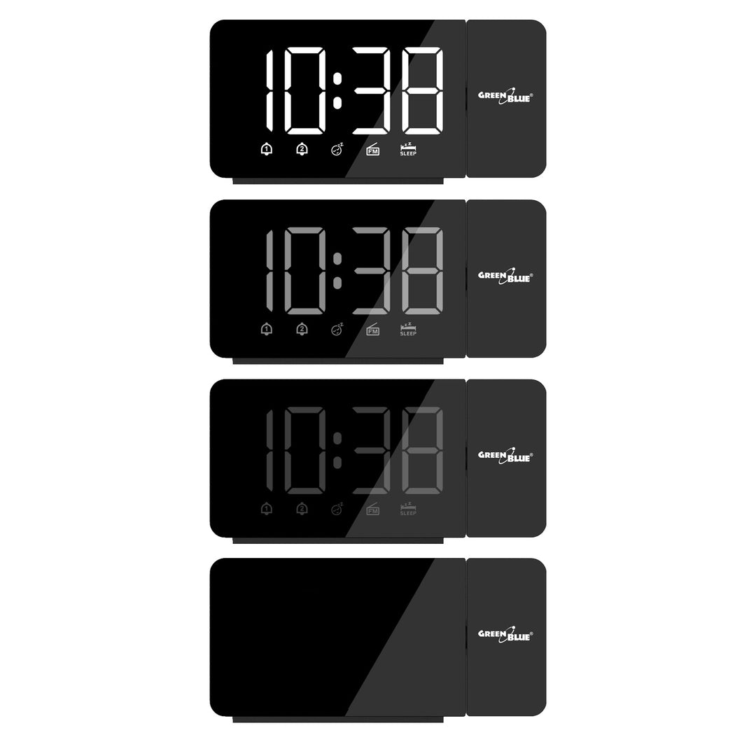 Radio-réveil numérique LED avec projecteur GreenBlue, radio FM, alarme, horloge 12/24, alimentation USB 5V DC + CR2032, GB172