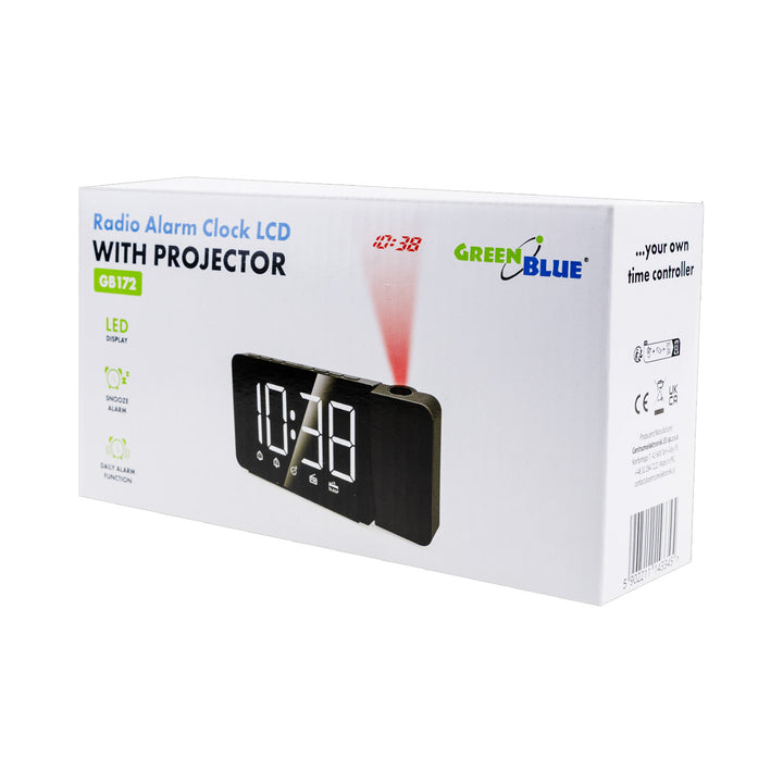 Radio-réveil numérique LED avec projecteur GreenBlue, radio FM, alarme, horloge 12/24, alimentation USB 5V DC + CR2032, GB172