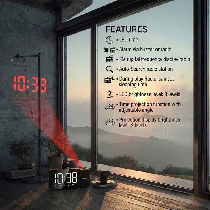 Radio-réveil numérique LED avec projecteur GreenBlue, radio FM, alarme, horloge 12/24, alimentation USB 5V DC + CR2032, GB172