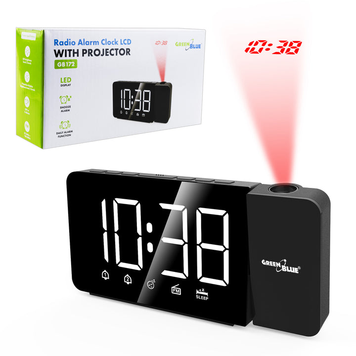 Radio-réveil numérique LED avec projecteur GreenBlue, radio FM, alarme, horloge 12/24, alimentation USB 5V DC + CR2032, GB172