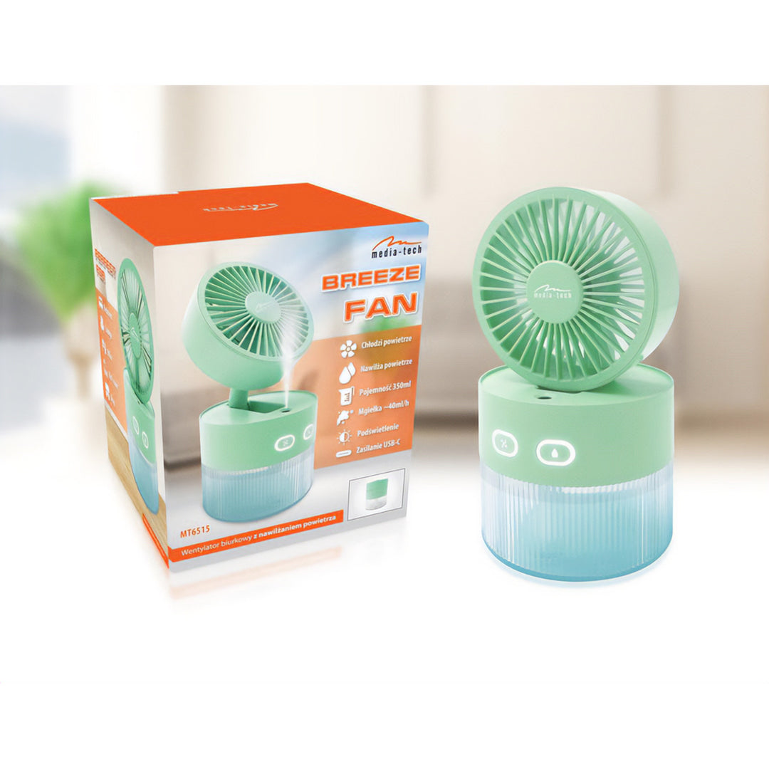 Desktop fan with air humidification. Capacity 350ml. Mist of 40ml/h. USB-C power supply