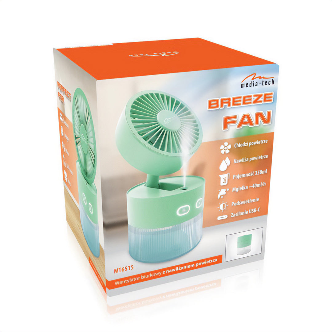 Desktop fan with air humidification. Capacity 350ml. Mist of 40ml/h. USB-C power supply